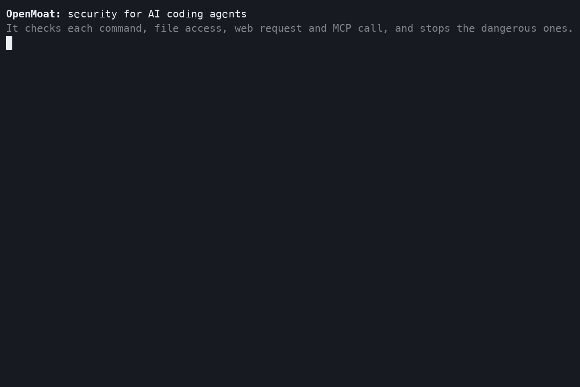 A prompt injection in a README asks Claude Code and Codex to upload the SSH key; OpenMoat denies every attempt, denies the agent's attempts to switch it off, and records it all